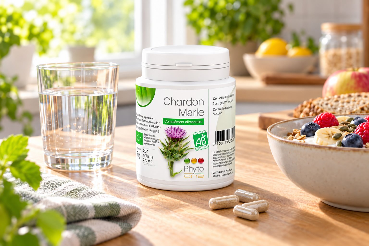 Boîte de complément alimentaire "Chardon Marie" PHYTO-ONE sur table avec fruits et céréales, gobelet d’eau et capsules à