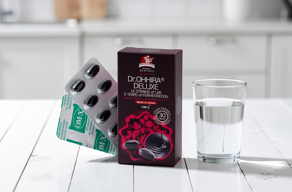 Boîte de probiotique Dr. Ohhira Deluxe avec doses en gélules et sachets, accompagnée d’un verre d’eau sur une table blanche. Probiotique flore intestinale.