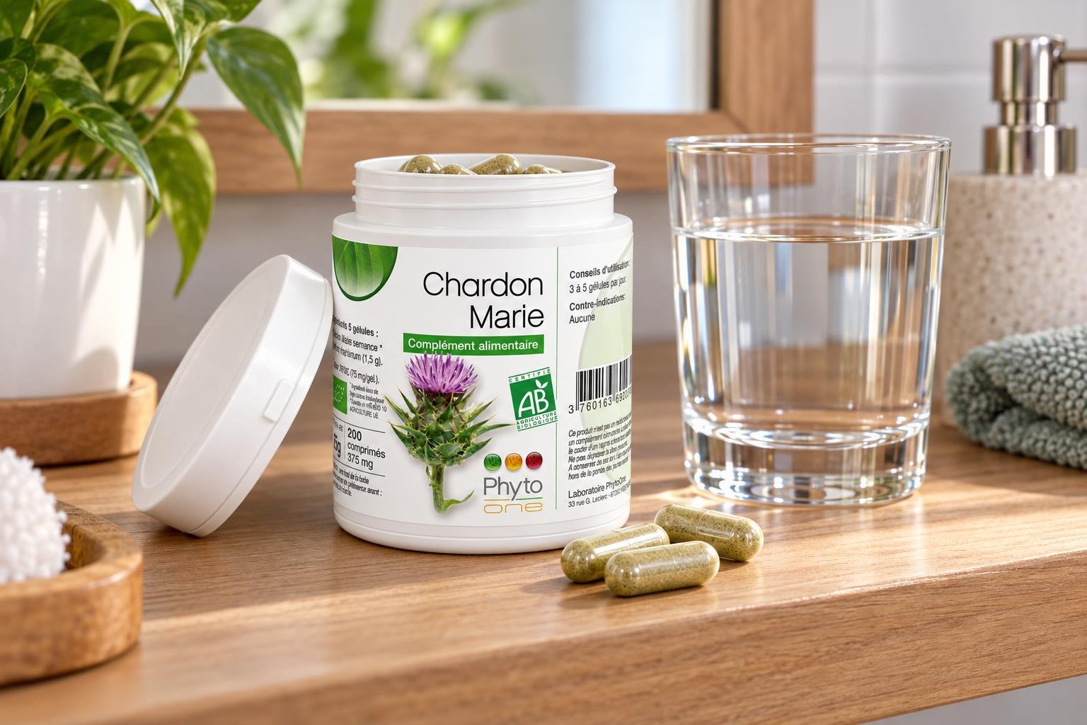 Complément alimentaire en gélules posé sur une table près d'un verre d'eau, avec un pot étiqueté Chardon Marie et des capsules