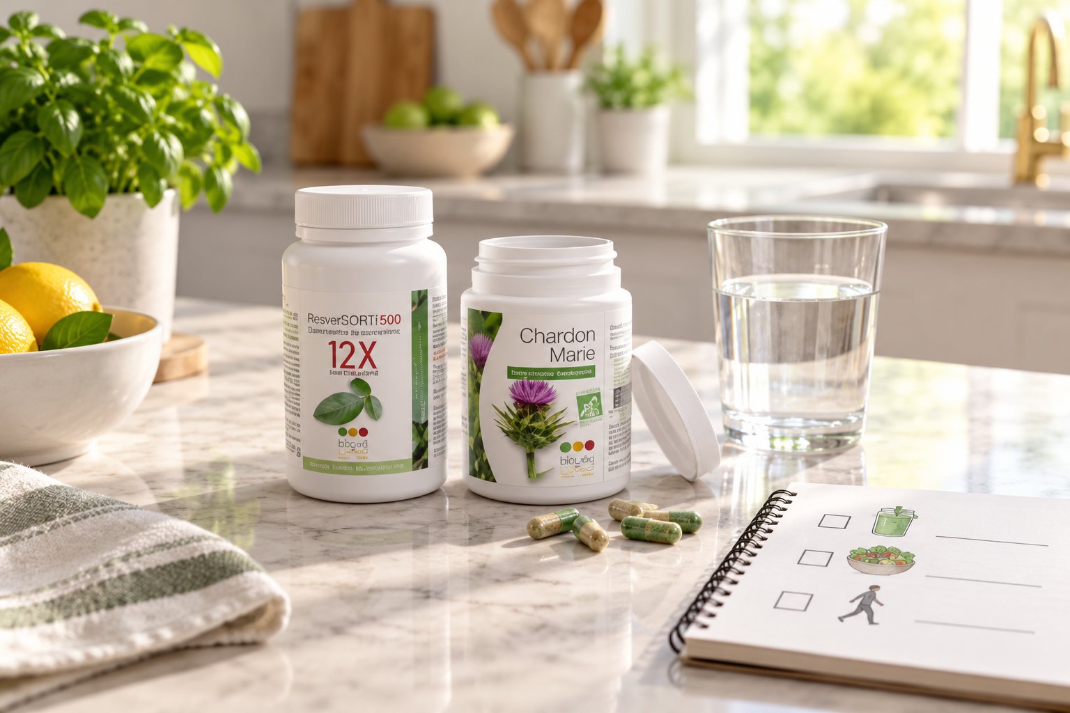Deux bouteilles de compléments alimentaires ouvertes sur une table de cuisine avec des gélules, un verre d’eau, un carnet et