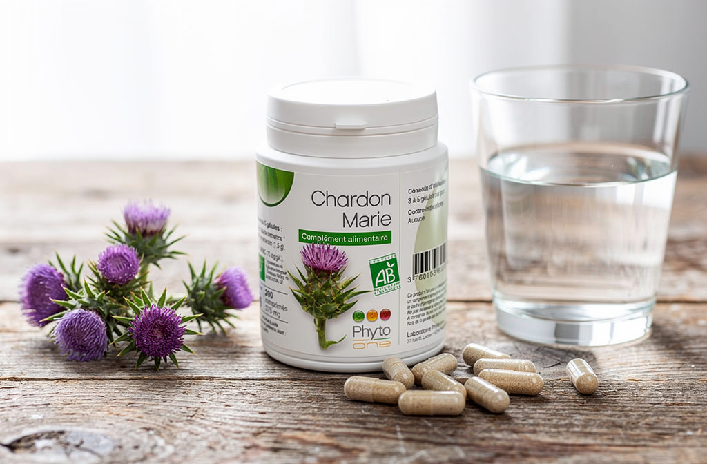 Gélules et tisanes detox, bouteille “Chardon Marie” près d’un verre d’eau et fleurs violettes sur bois, détox du foie et pancréas natur.